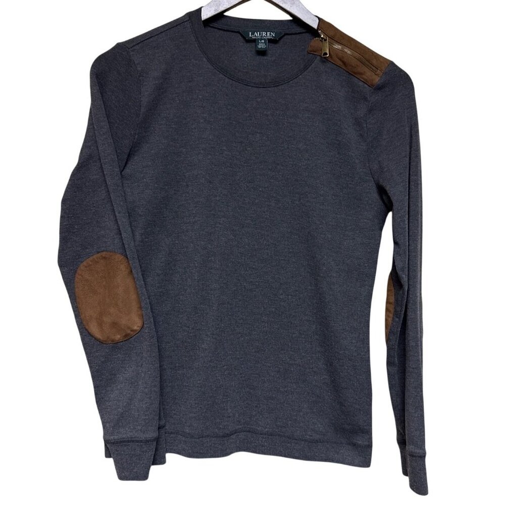 Ralph Lauren Women's Grey Shirt Suede Elbow Patches Zip Shoulder Large Crewneck